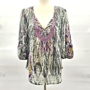 Marc Bouwer Gray and Purple Patterned Tie Neck Blouse Medium‎